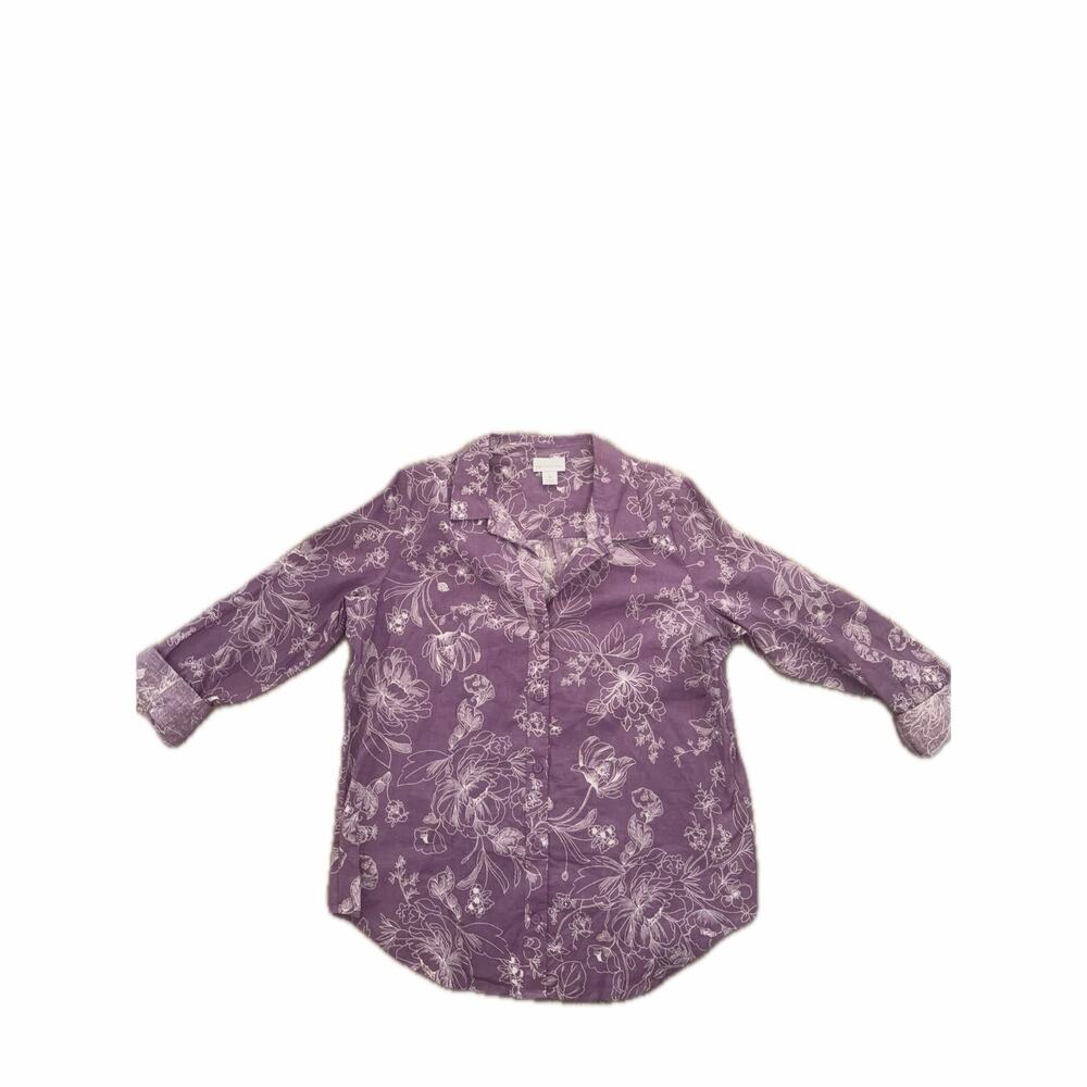 NWT New Liz Claiborne Purple Floral Linen Blend Button Down Shirt Women's Medium